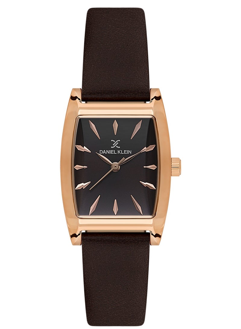 دانيل كلاين ساعة نسائية من الجلد | علبة من سبيكة الذهبي الوردي | تناظري | قرص مربع بني داكن بنمط شعاعي | كوارتز ياباني | فاخر | مقاومة للماء حتى عمق 30 مترًا - Image 1